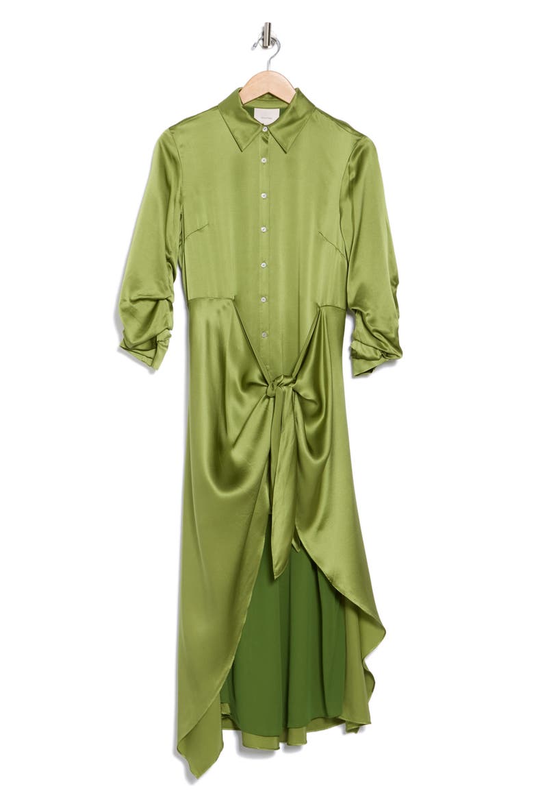 Jacey Tie Waist Silk Shirtdress, Alternate, color, MOSS