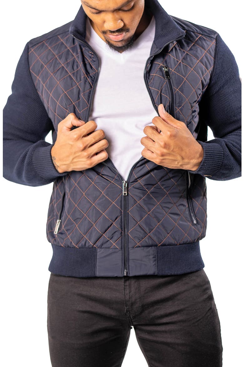 Big Diamond Mixed Media Quilted Bomber Jacket, Alternate, color, BLUE