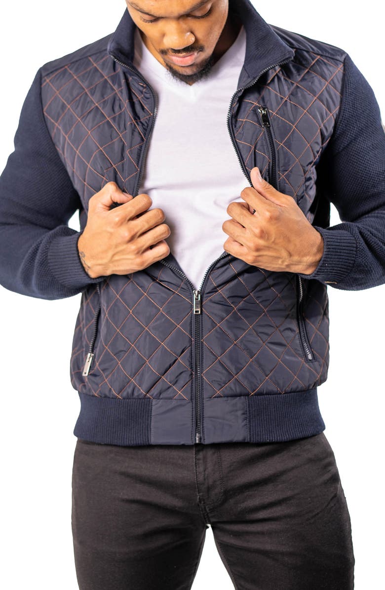 Maceoo Big Diamond Mixed Media Quilted Bomber Jacket, Alternate, color, Blue