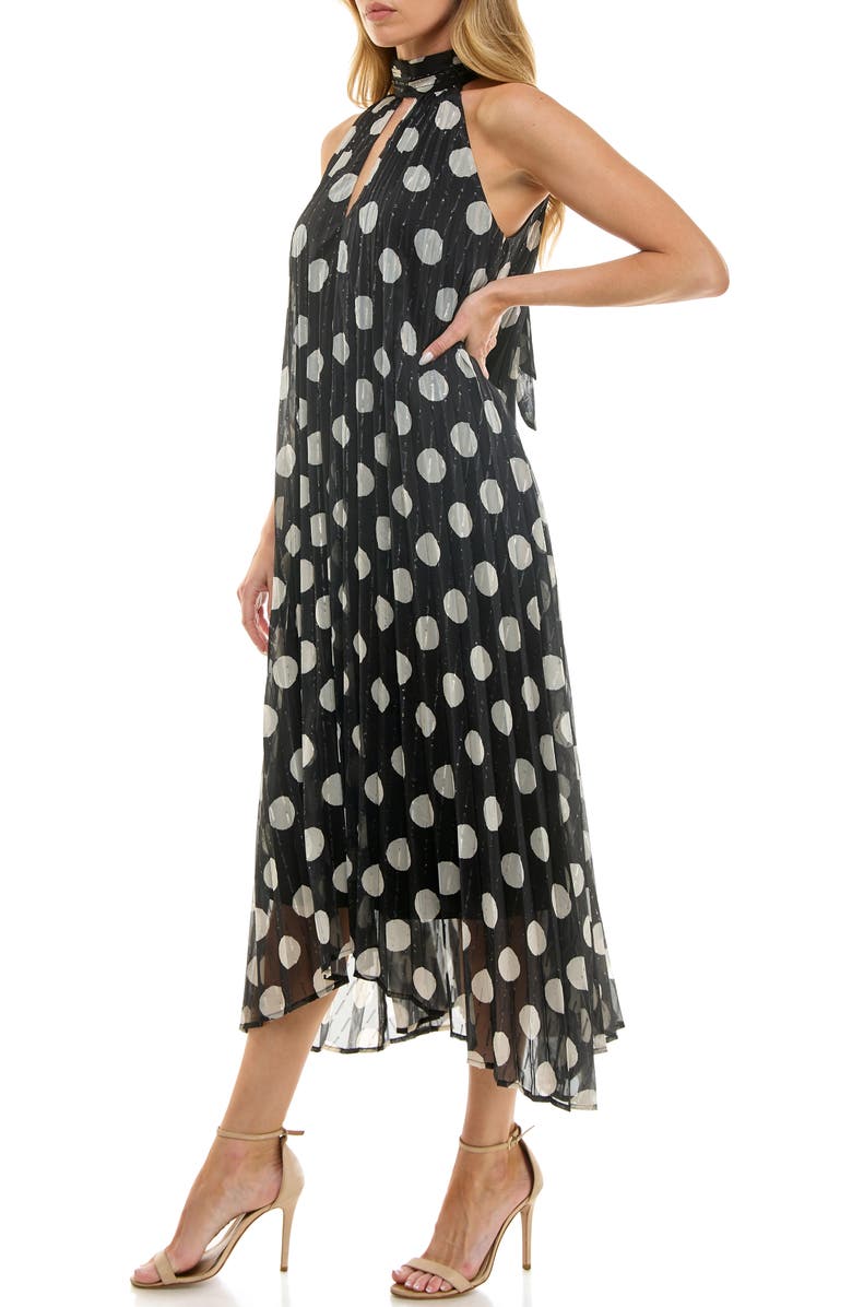 Socialite Metallic Pleated Chiffon Midi Dress, Alternate, color, Black/ Ivory Dot