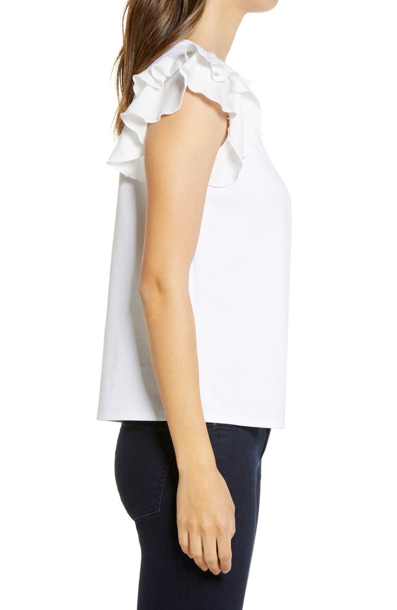 Vince Camuto Tiered Ruffle Sleeve Cotton Blend Top, Alternate, color, Ultra White