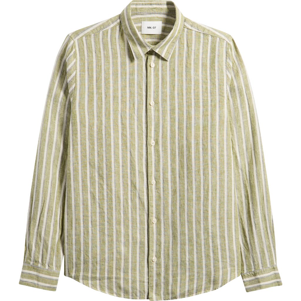 Nn07 Enzo 5728 Stripe Linen Button-up Shirt In Green Stripe