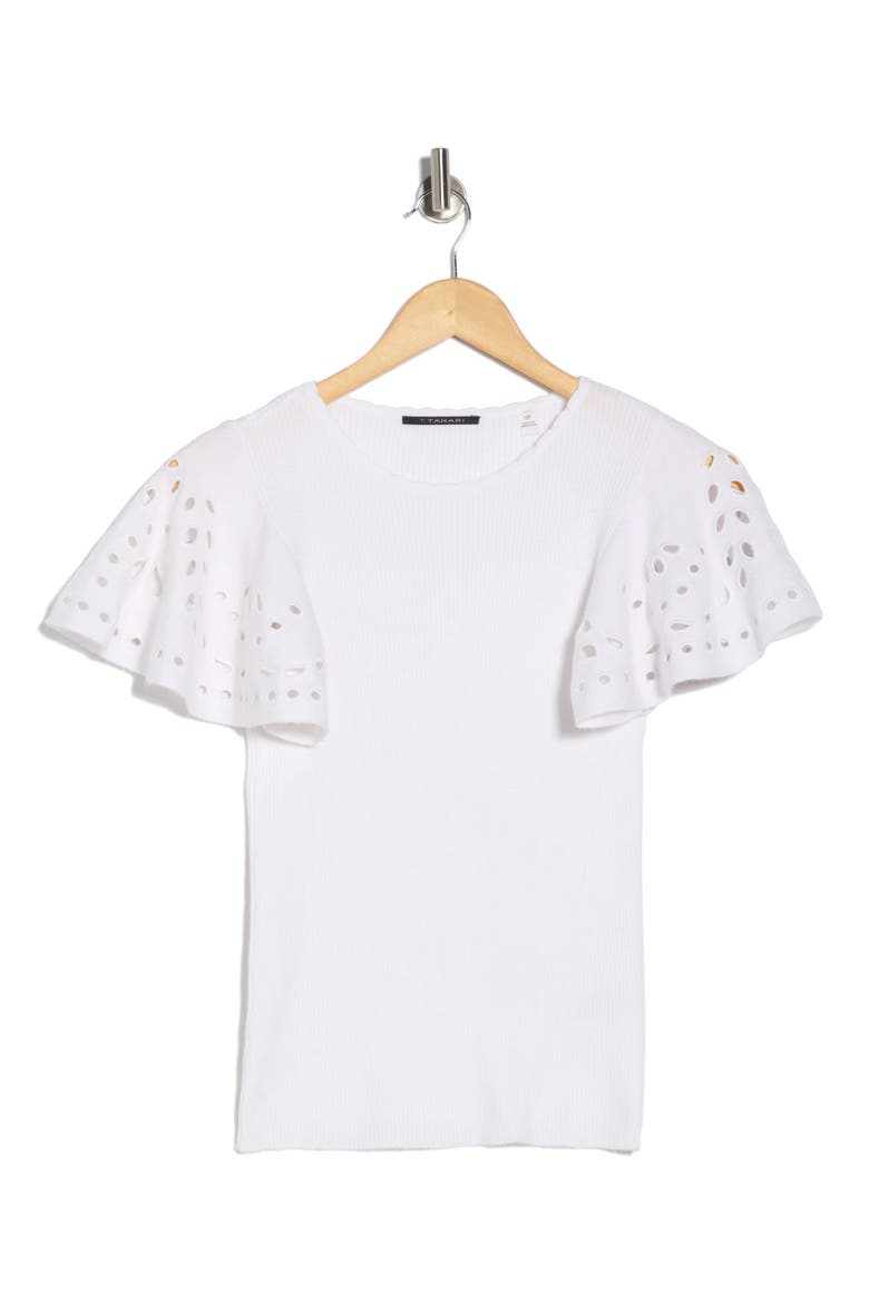 Embroidered Eyelet Short Sleeve Sweater, Main, color, BRIGHT WHITE