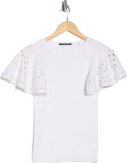 T Tahari Embroidered Eyelet Short Sleeve Sweater
