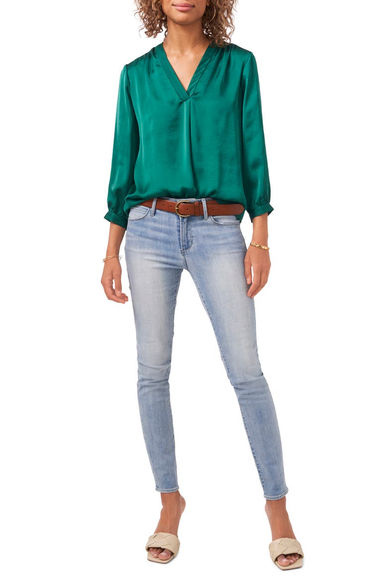 V-Neck Satin Blouse, Alternate, color, EVERGREEN