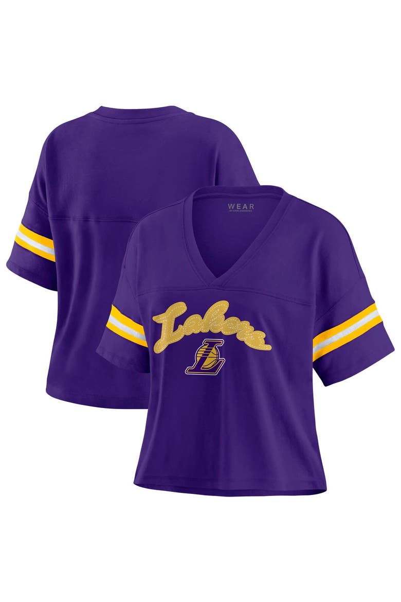 Women's WEAR by Erin Andrews Purple Los Angeles Lakers Plus Size Color Block Boxy V-Neck T-Shirt, Main, color, Purple