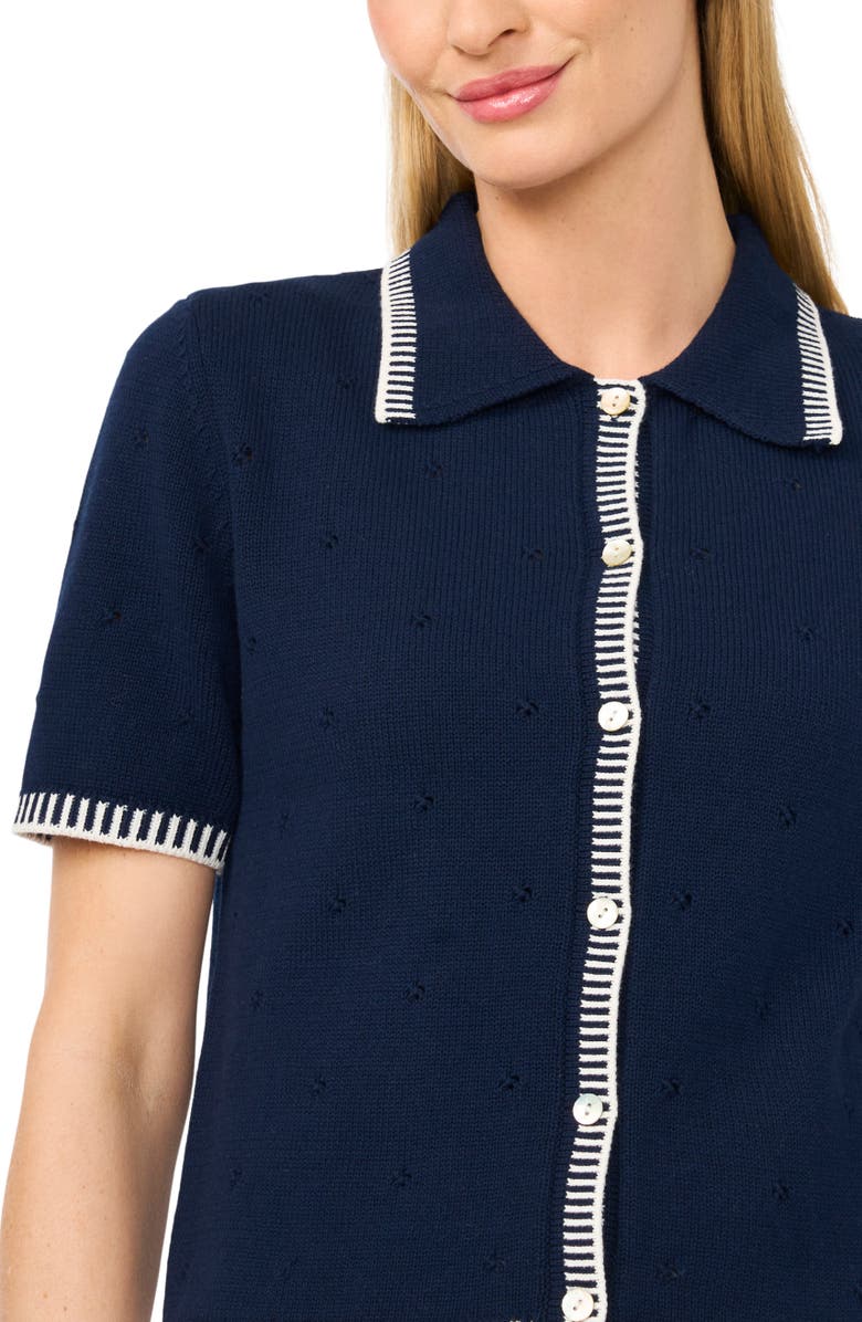 CeCe Pointelle Button-Up Cotton Top, Alternate, color, Classic Navy