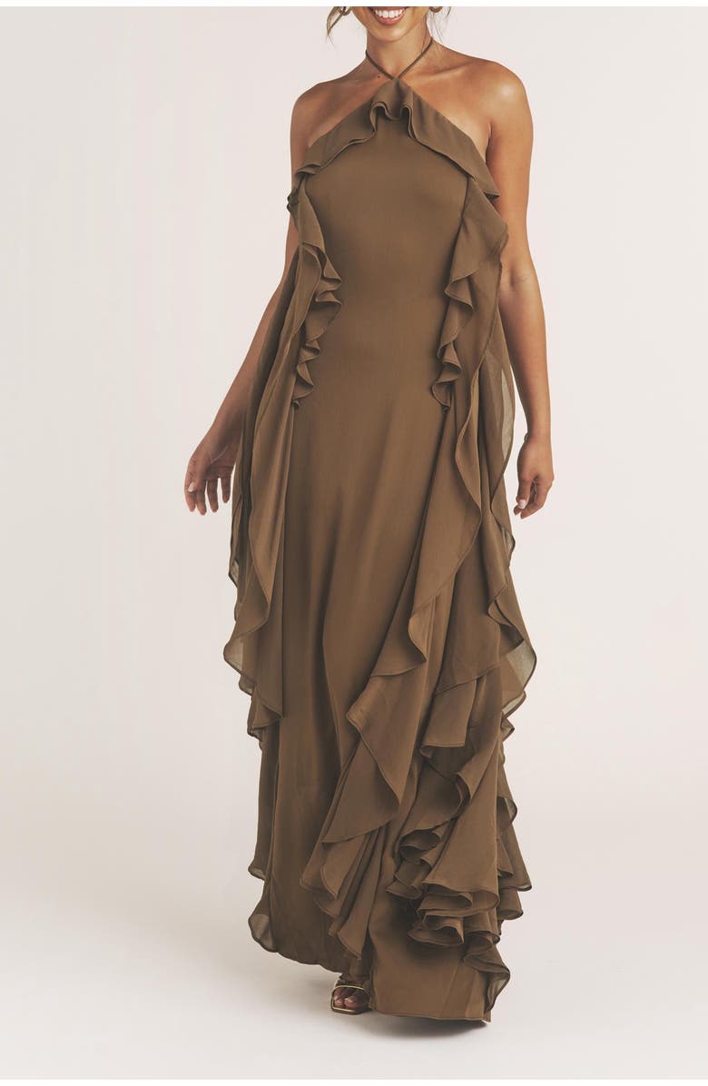 Six Stories Whitney Ruffle Halter Neck Maxi Dress, Alternate, color, Olive