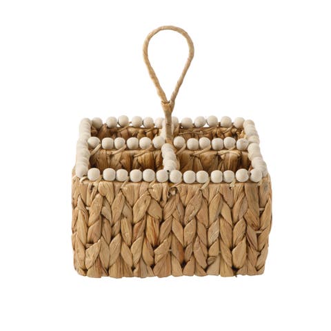 Woven Utensil Caddy with Compartments, Water Hyacinth Basket