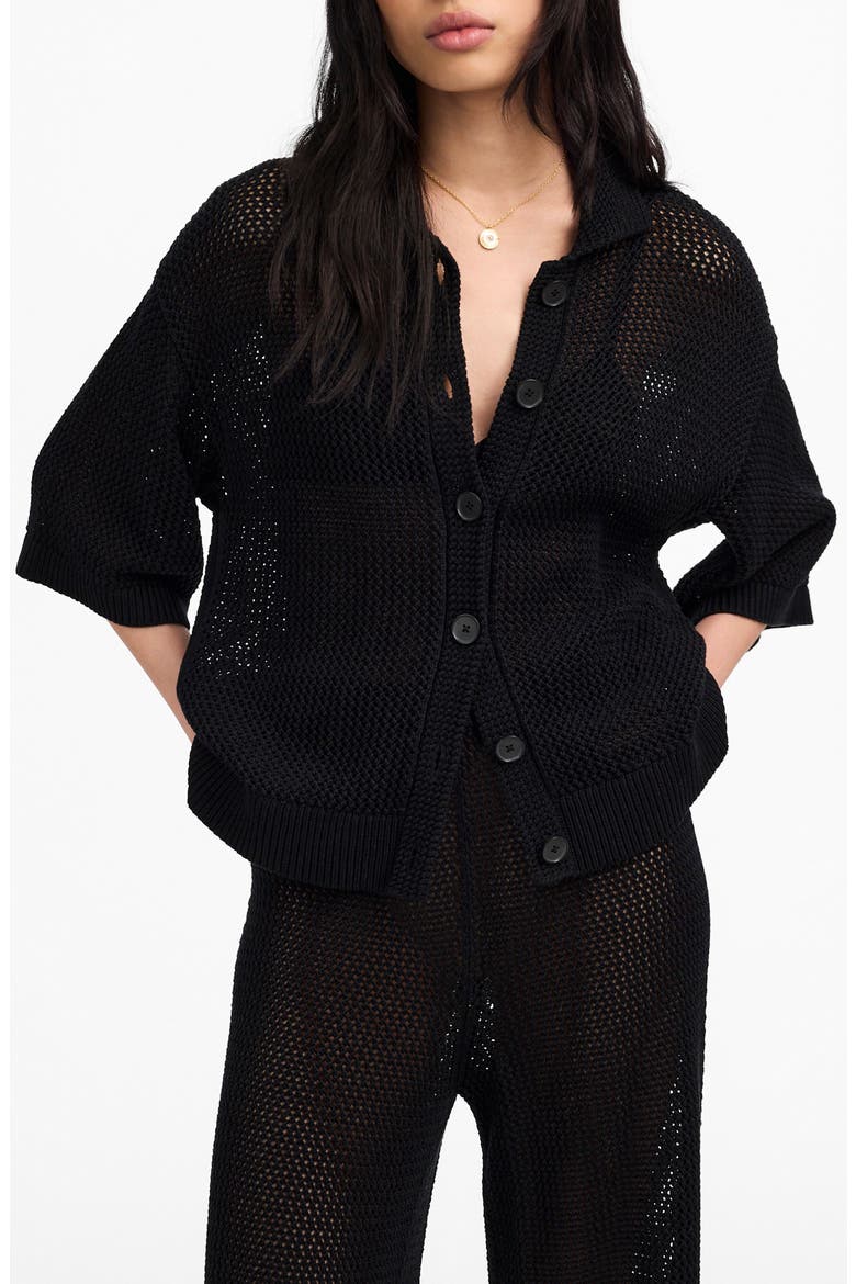 Open Stitch Button Front Cardigan, Main, color, TRUE BLACK