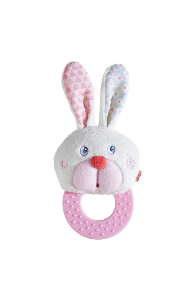 HABA Chomp Champ Bunny Teether - Soft Lightweight Clutching Toy with Crinkle Ears and Plastic Teething Ring, Main, color, Multi