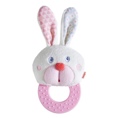 Chomp Champ Bunny Teether - Soft Lightweight Clutching Toy with Crinkle Ears and Plastic Teething Ring