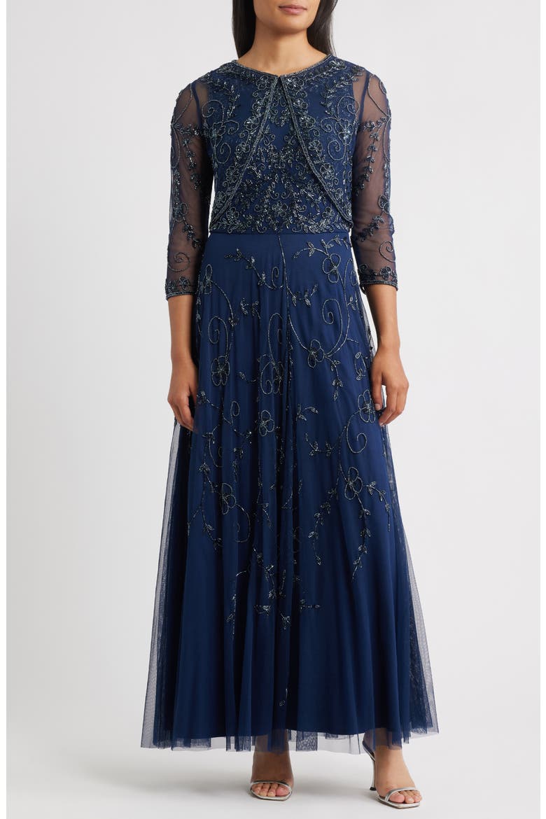 Beaded Mesh Gown with Jacket, Main, color, NAVY/NAVY 478