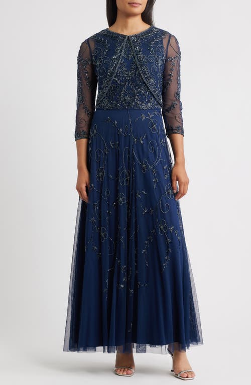 Pisarro Nights Beaded Mesh Gown With Jacket In Blue