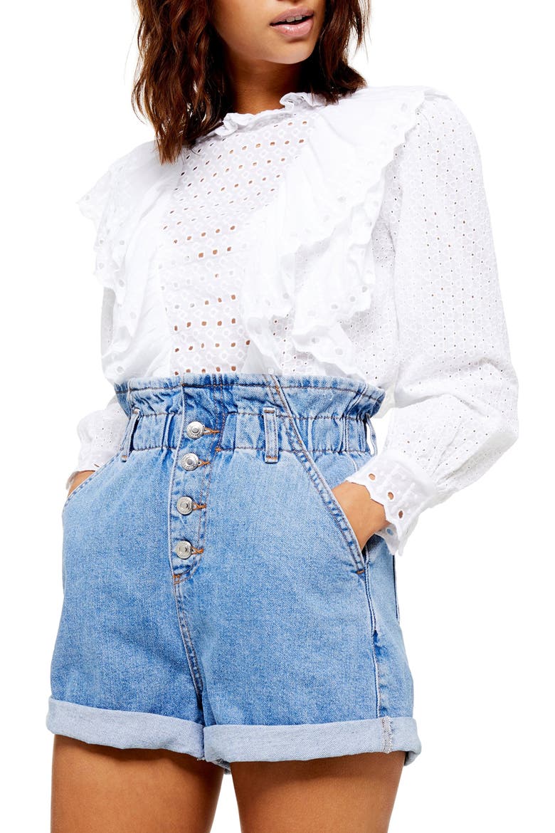Ruffle Long Sleeve Broderie Anglaise Top, Main, color, WHITE