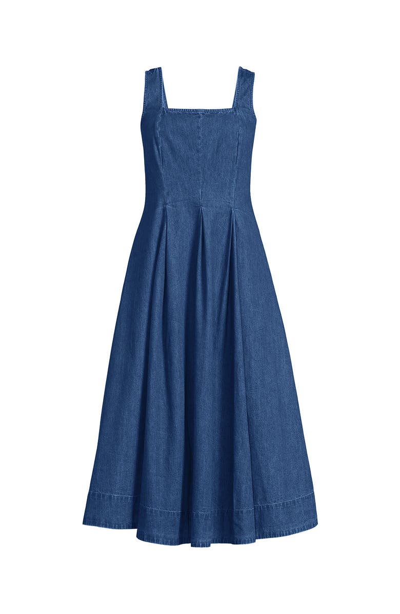 Lands' End Pleated Square Neck Cotton Poplin Midi Dress, Alternate, color, Lima Blue