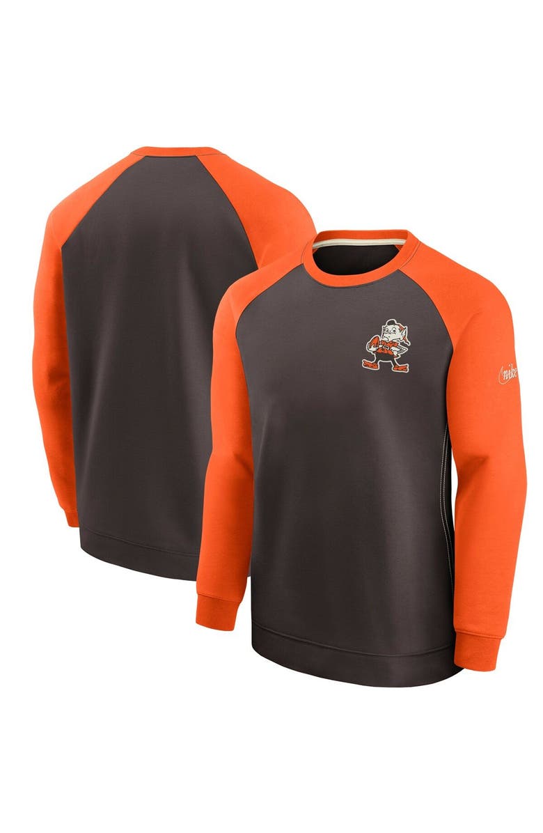 Nike Men's Nike Brown/Orange Cleveland Browns Brownie The Elf Historic Raglan Crew Performance Sweater, Main, color,