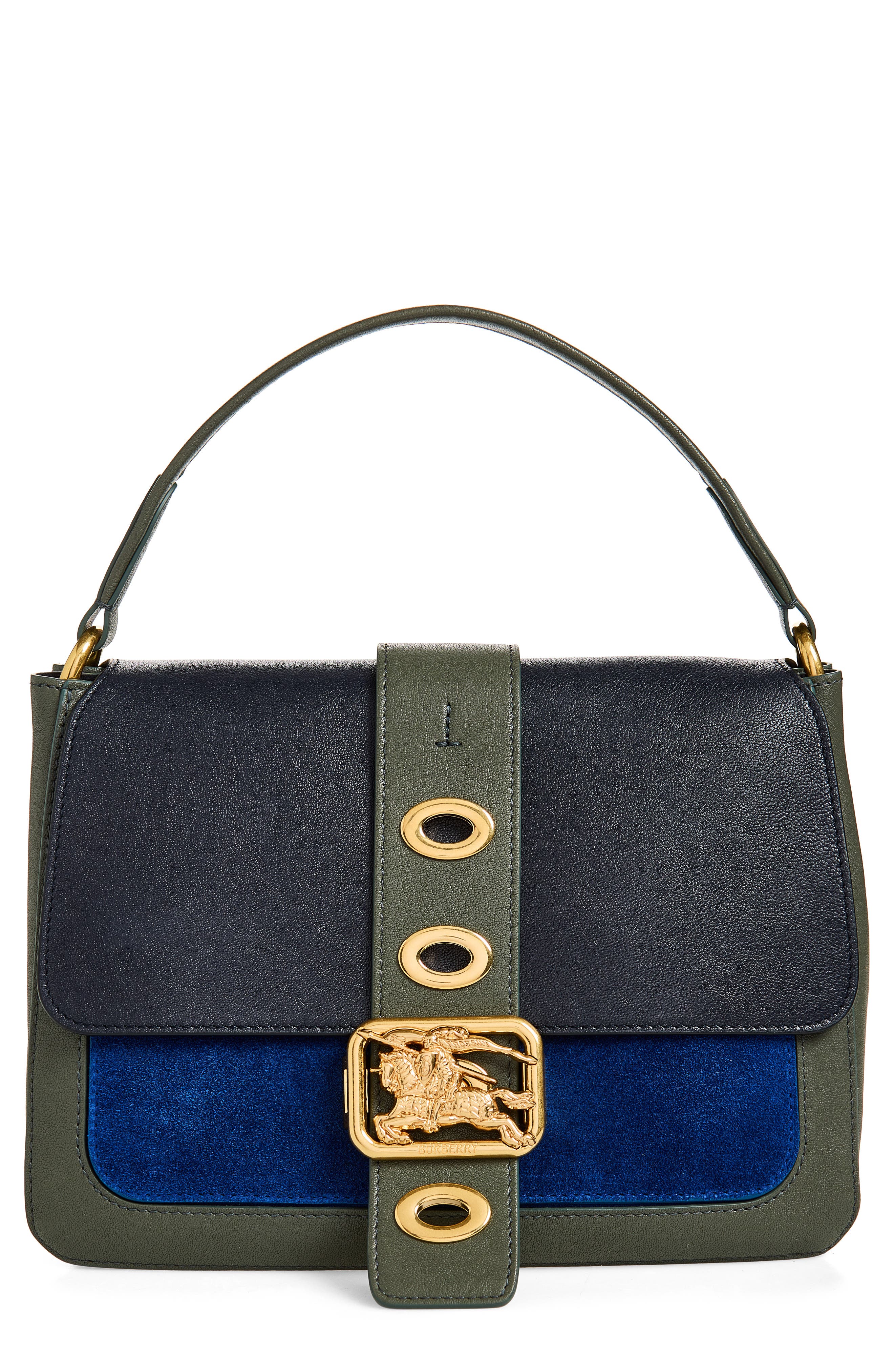 Burberry Small Rider Colorblock Leather Top Handle Bag, Main, color, Indigo/ Sf Blue/ Aqua