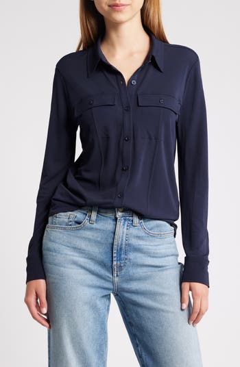 Frame Navy Ruched Fitted newest V-Neck Button Down Long Sleeve Blouse Top S