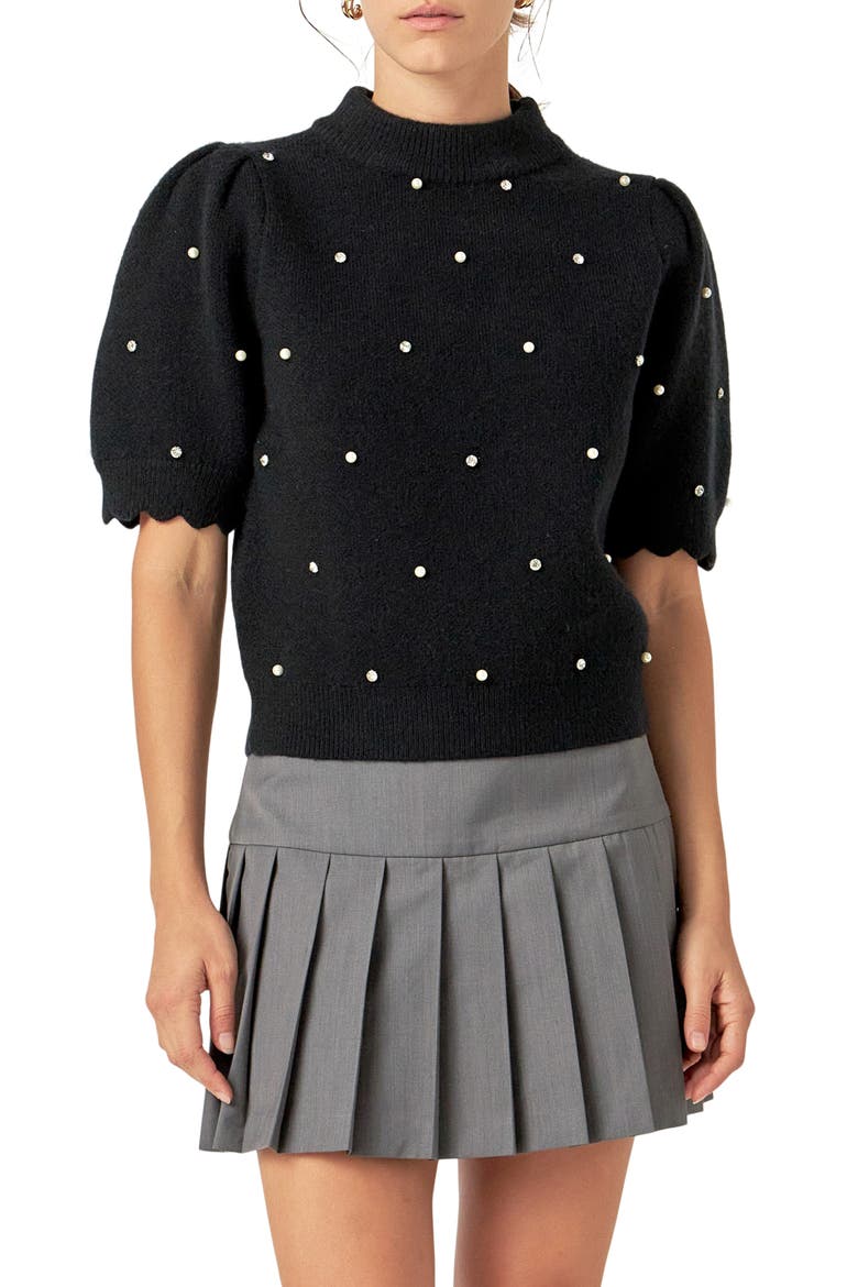 Embellished Short Sleeve Sweater, Main, color, BLACK