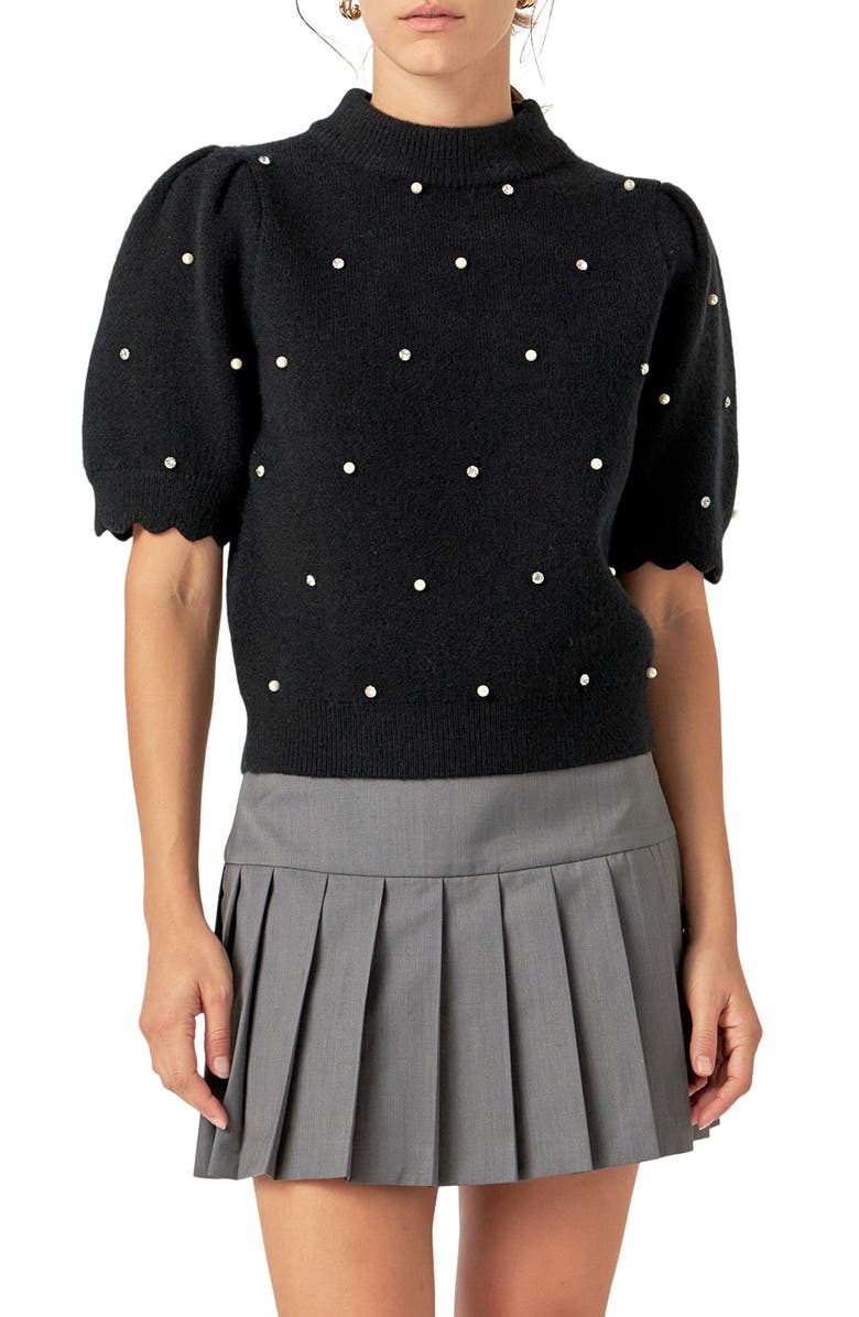 English Factory Embellished Short Sleeve Sweater, Main, color, Black