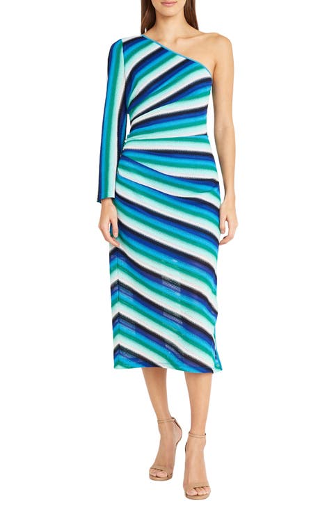 Stripe Ruched One-Shoulder Knit Midi Dress