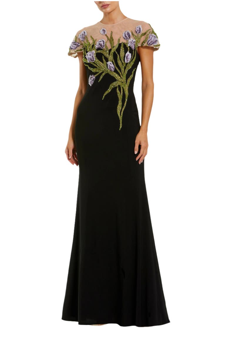 Women's Jersey Floral Embroidered Illusion Neck Gown, Main, color, Black Multi