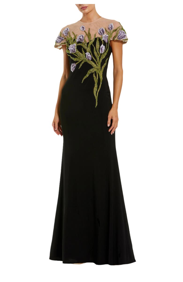 Mac Duggal Women's Jersey Floral Embroidered Illusion Neck Gown, Main, color, Black Multi