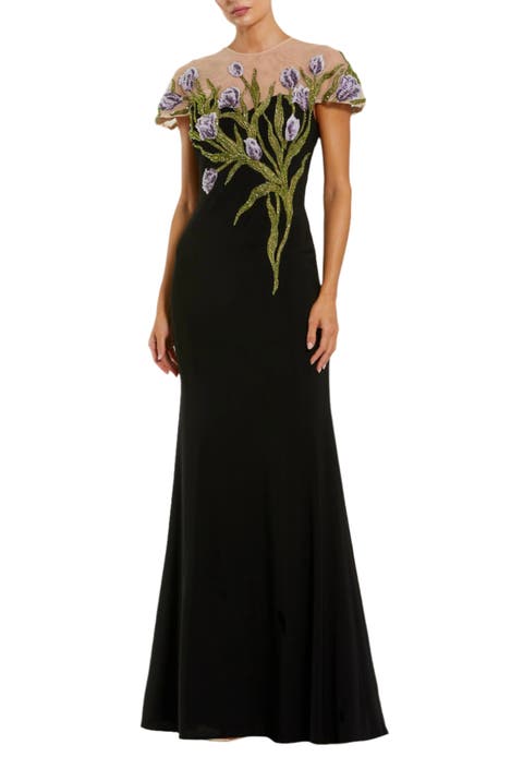 Women's Jersey Floral Embroidered Illusion Neck Gown