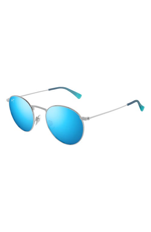 Maui Jim Pukaua 50mm Small Polarized Round Sunglasses In Silver/blue Hawaii