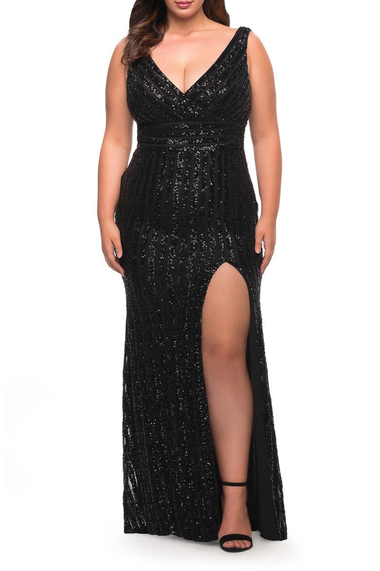Long Sequin Plus Size Dress with Banded Waist, Main, color, BLACK