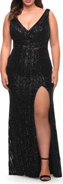 La Femme Long Sequin Plus Size Dress with Banded Waist