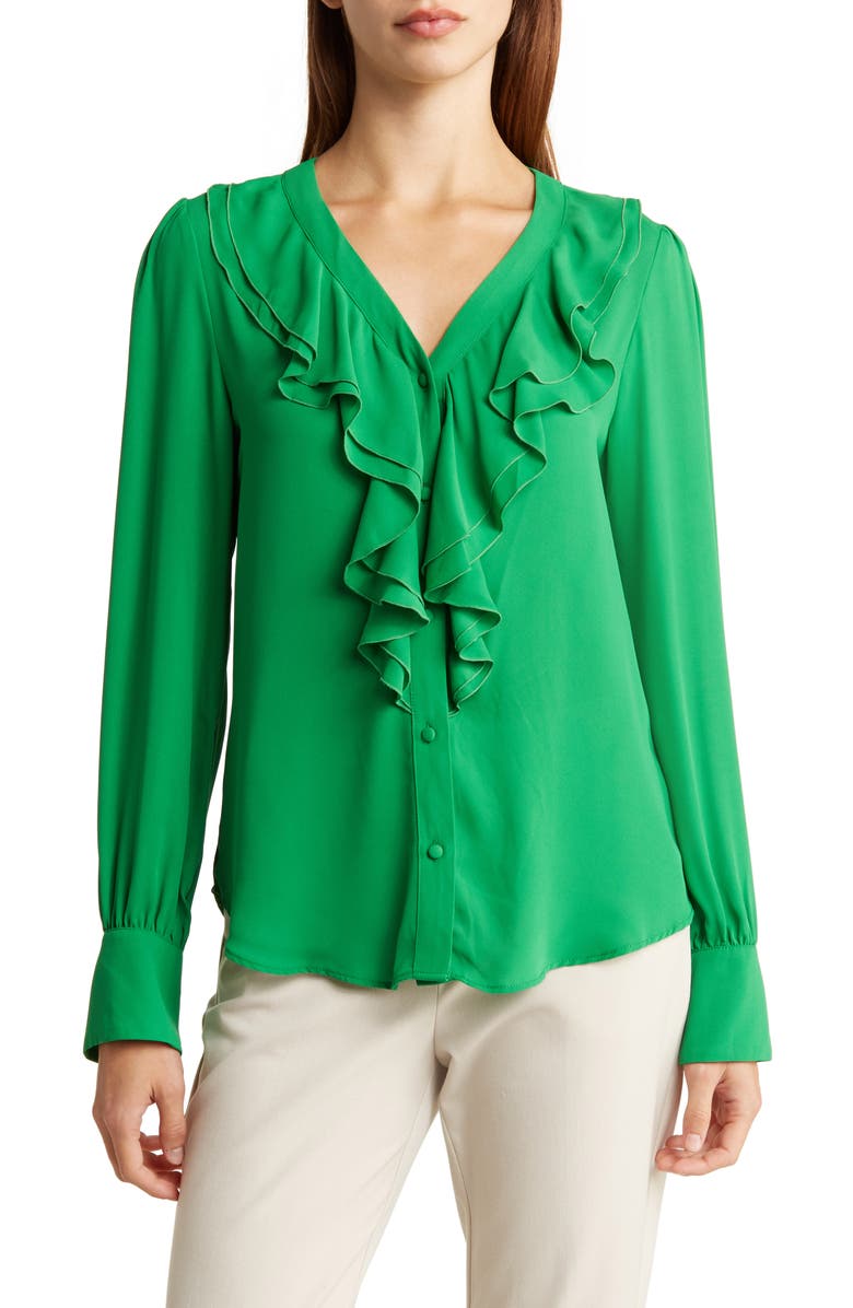 T Tahari Ruffle Long Sleeve Button-Up Shirt, Main, color, 