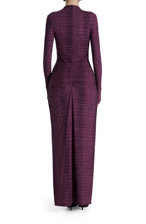 Naked Wardrobe Snakeskin Print Long Sleeve Ruched Dress In Burgundy