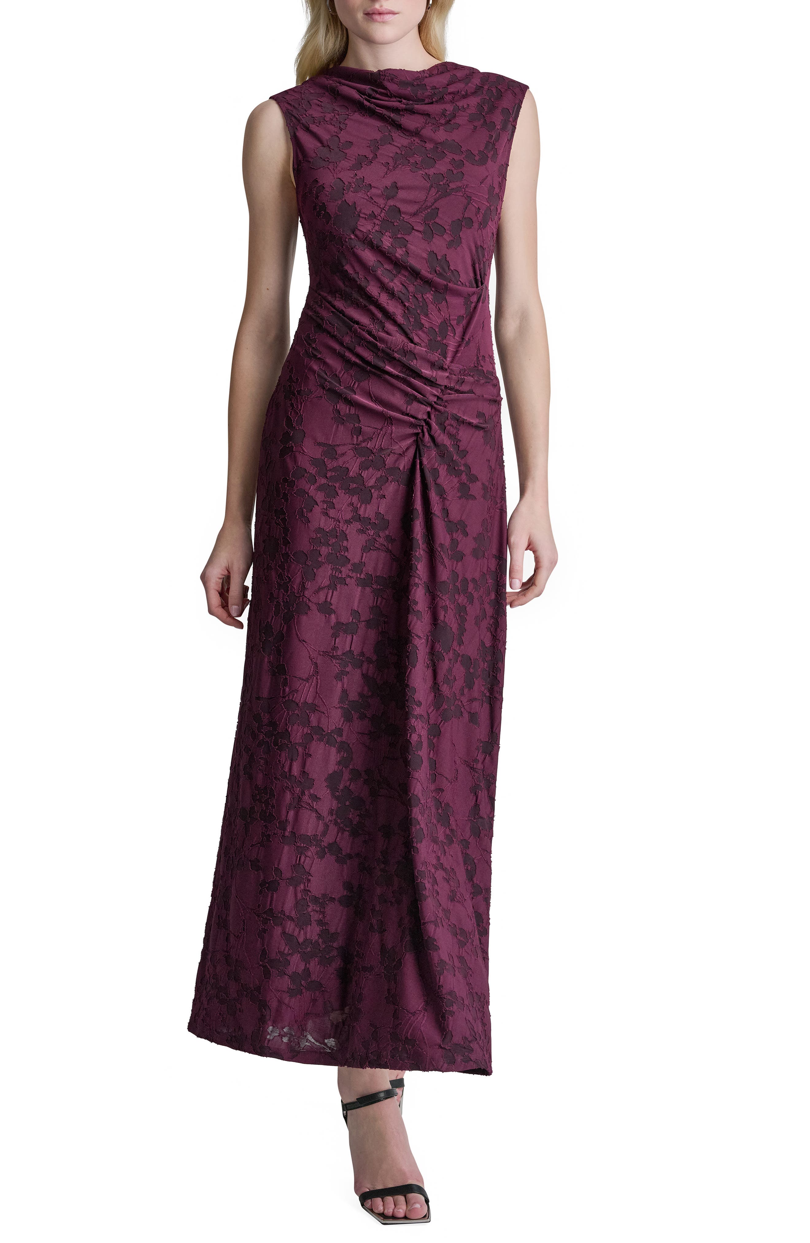 Sleeveless Side Ruched Jacquard Maxi Dress