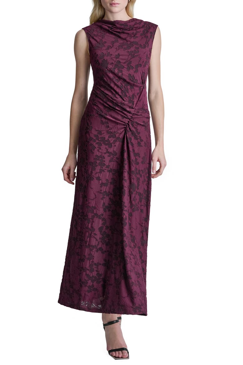 Sleeveless Side Ruched Jacquard Maxi Dress, Main, color, PLUM