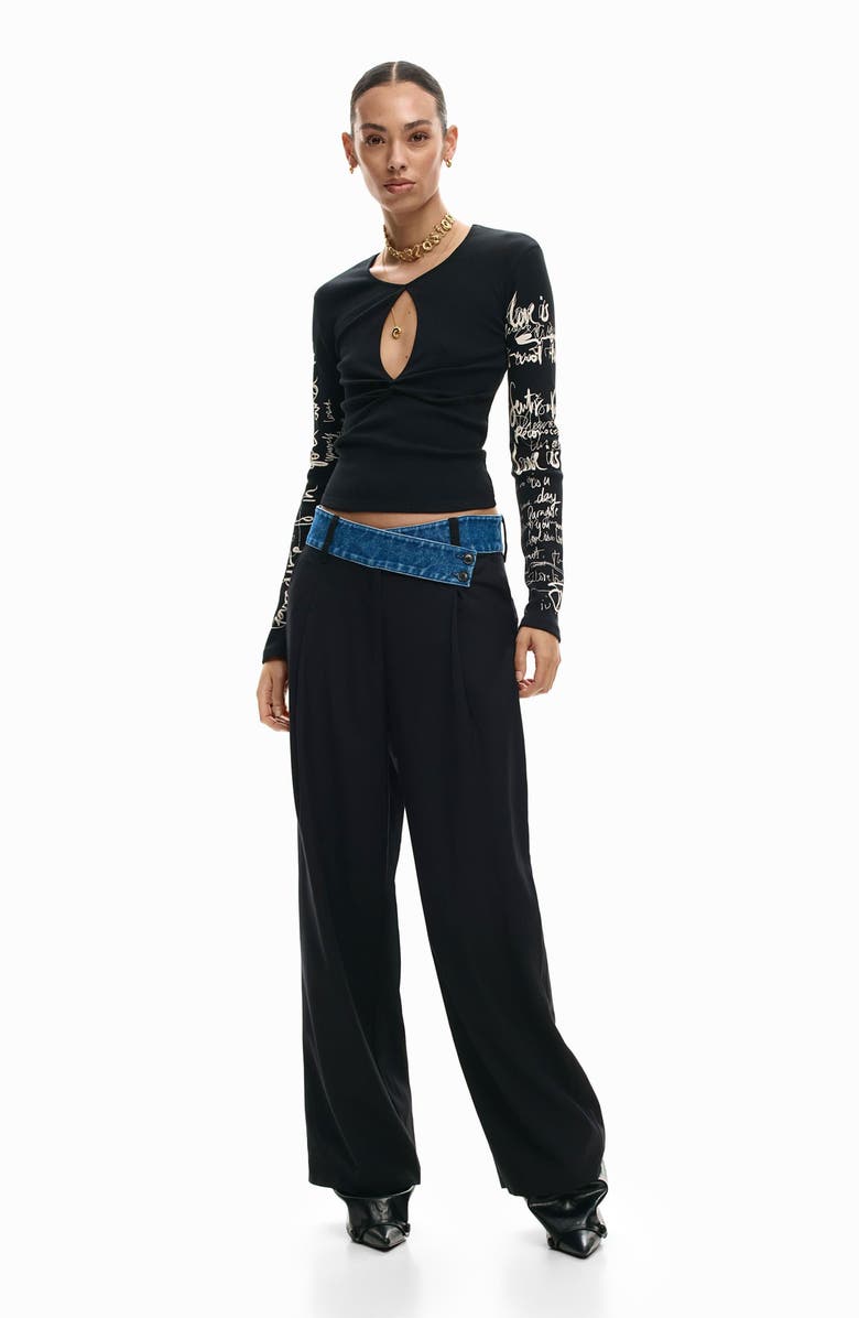 Desigual Cutout Long Sleeve Cotton Graphic T-Shirt, Alternate, color, Black