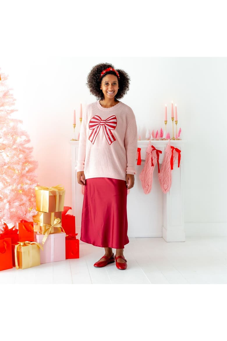 Candy Cane Sequin Bow Patch Christmas Women's Sweater, Alternate, color, Ballet