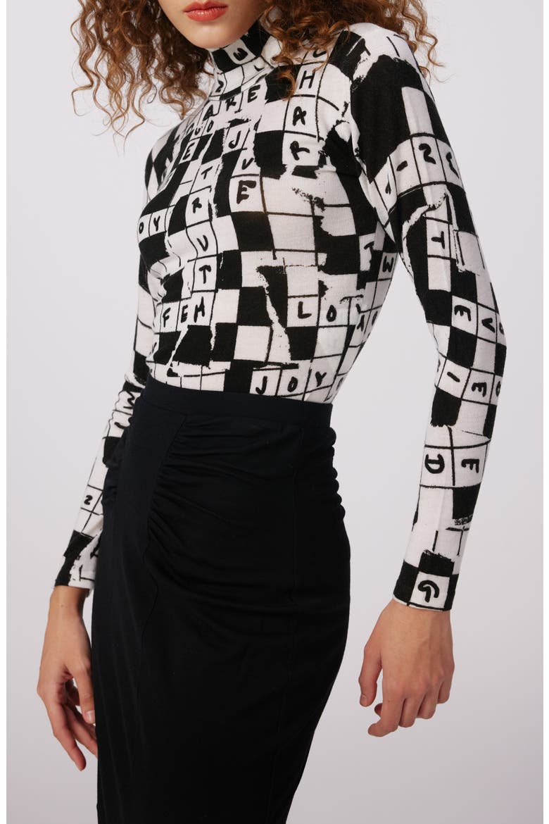 Brandy Crossword Print Merino Wool Turtleneck Sweater, Alternate, color, DVF 50TH CROSS WORD IVORY MED