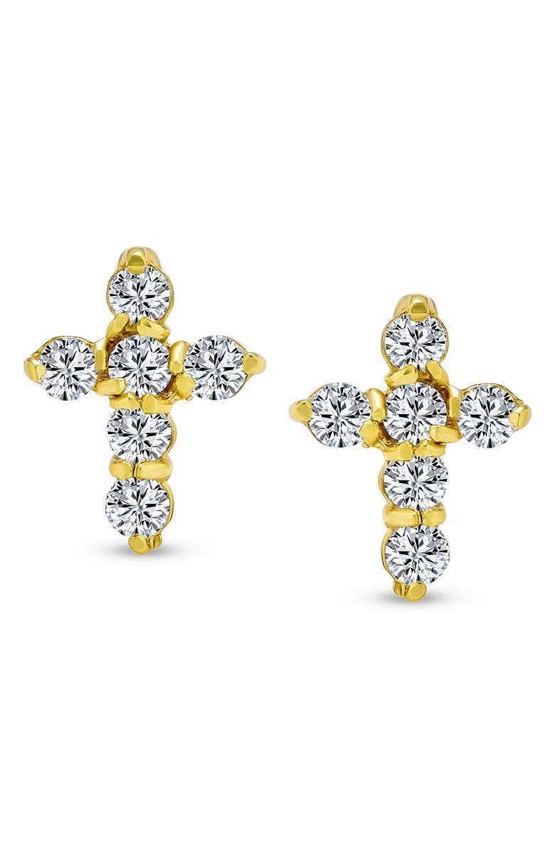 BLING JEWELRY Gold Plated Sterling Silver Tiny Cubic Zirconia Cross Stud Earrings, Main, color, Gold
