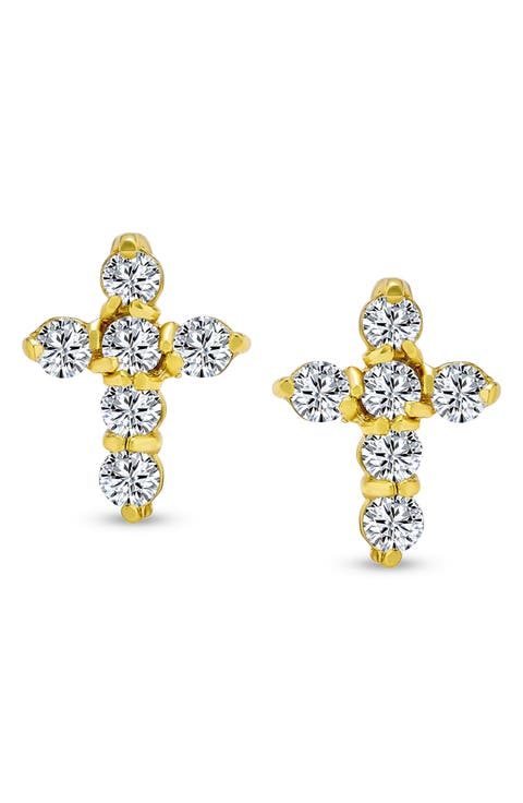 Gold Plated Sterling Silver Tiny Cubic Zirconia Cross Stud Earrings