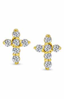 BLING JEWELRY Gold Plated Sterling Silver Tiny Cubic Zirconia Cross Stud Earrings