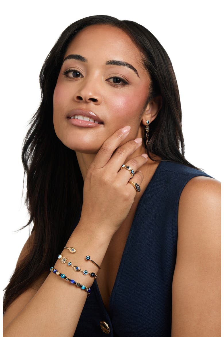 Evil Eye Beaded Bangle Bracelet, Alternate, color, Gold Blue