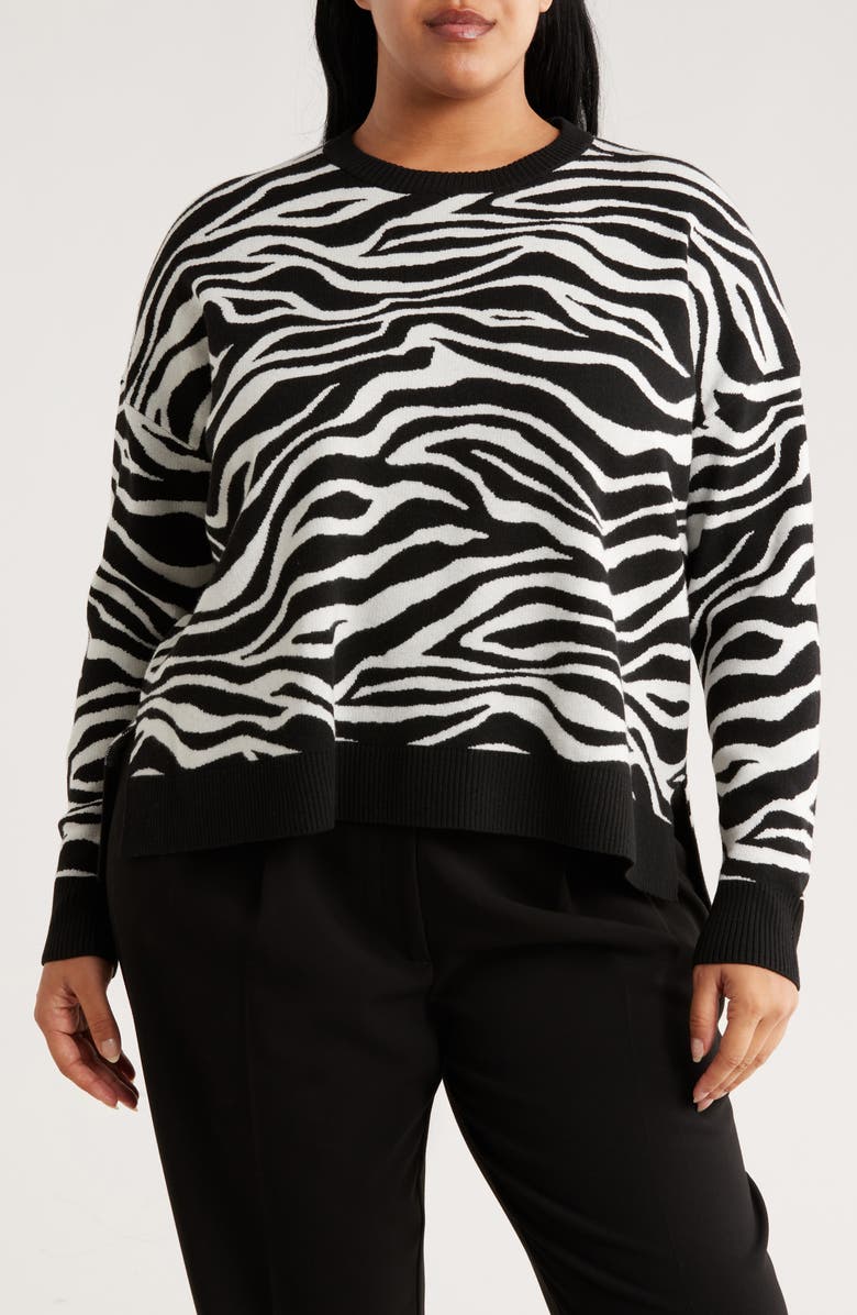 NORDSTROM RACK Crewneck Jacquard Sweater, Main, color, Black- Ivory Abstract Zebra