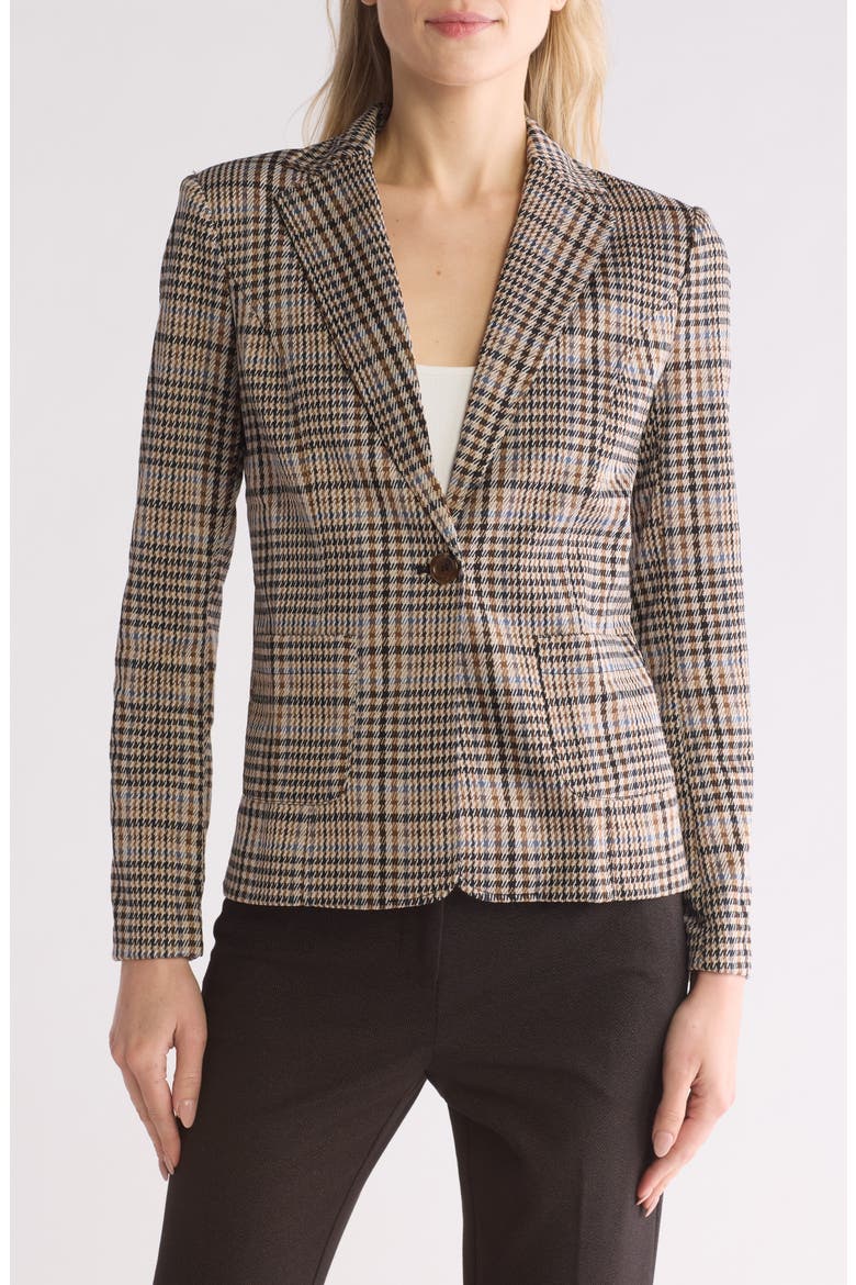 Plaid Notch Lapel Ponte Knit Blazer, Main, color, CAMEL MULTI