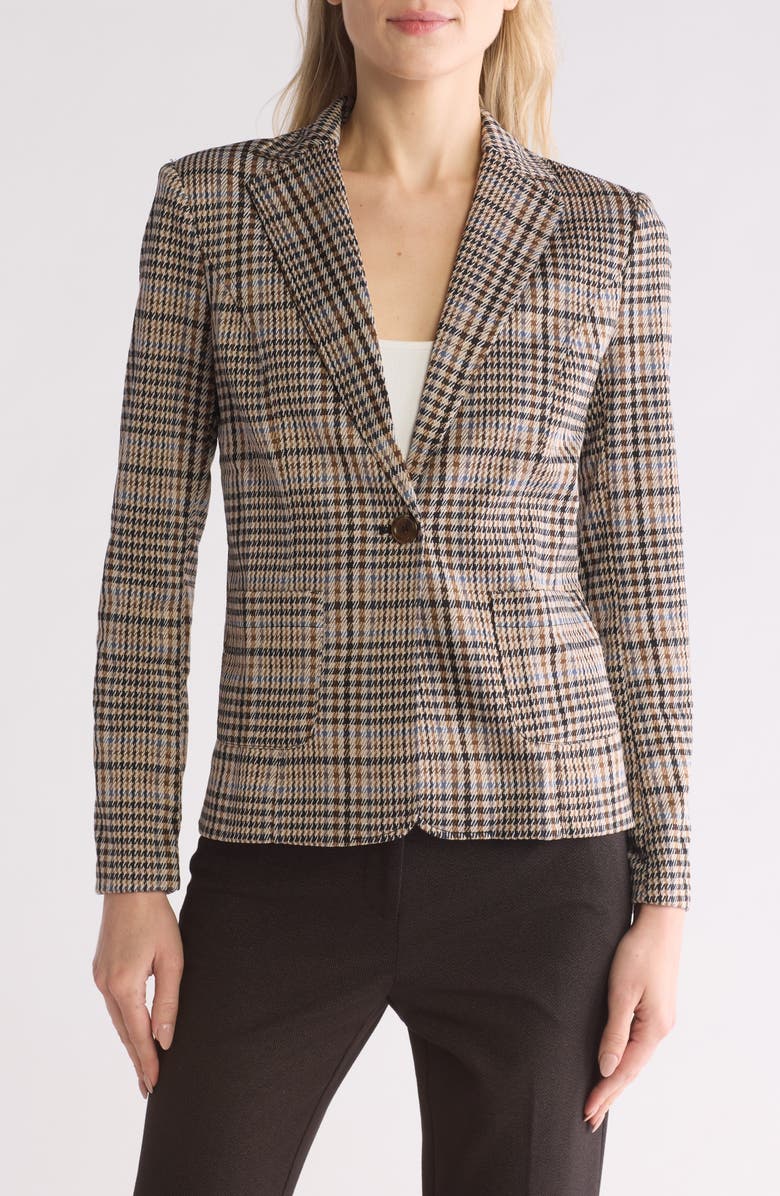 Amanda & Chelsea Plaid Notch Lapel Ponte Knit Blazer, Main, color, Camel Multi