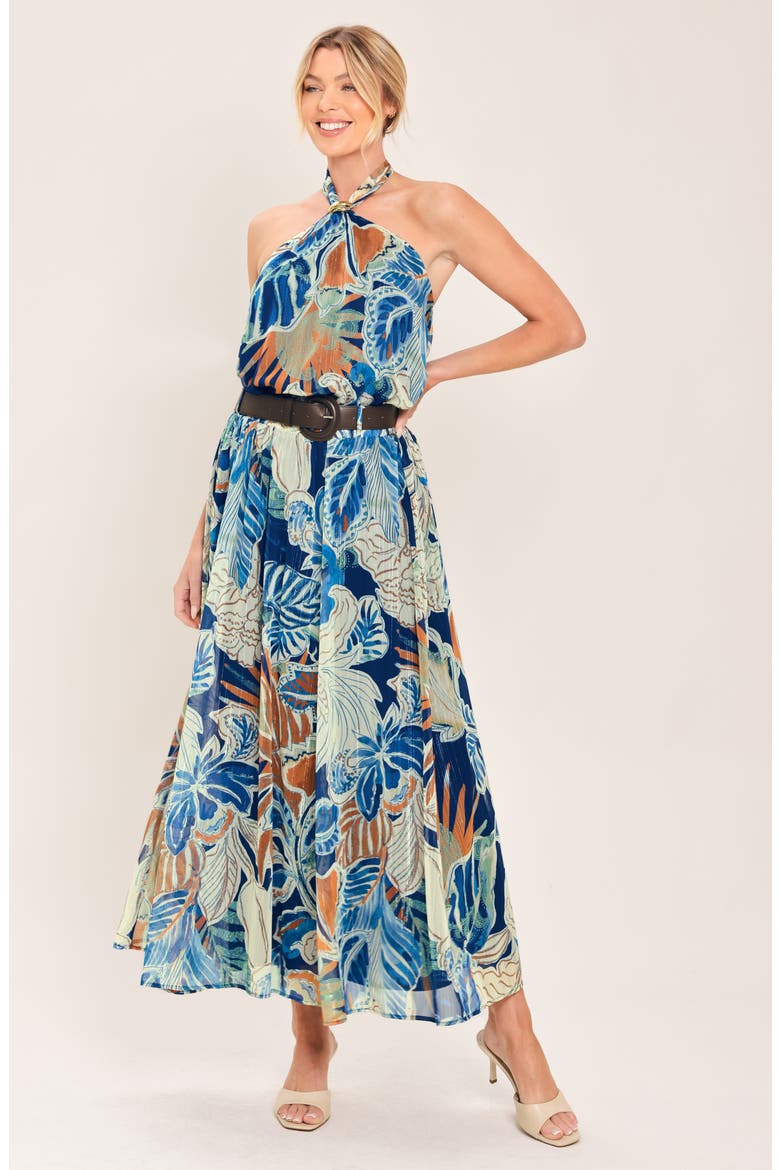 Print Halter Top, Alternate, color, NAVY BROWN
