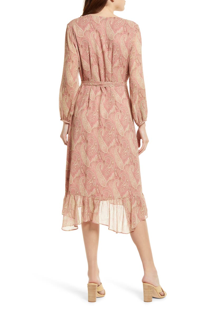 Long Sleeve Silk Georgette Wrap Dress, Alternate, color, LIPSTICK PINK / TAN