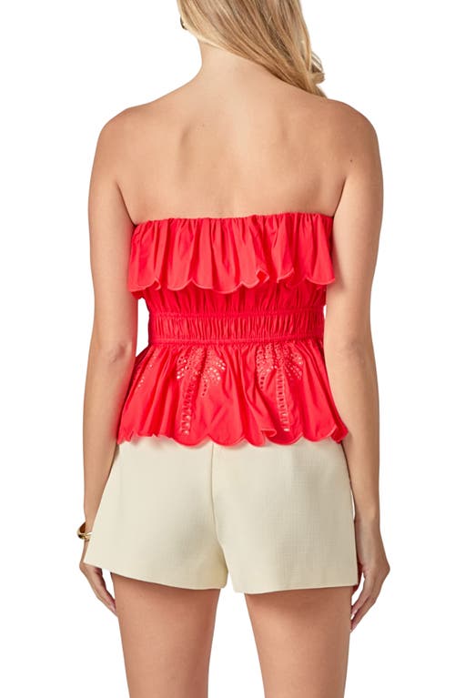 English Factory Embroidered Ruffle Strapless Top In Red