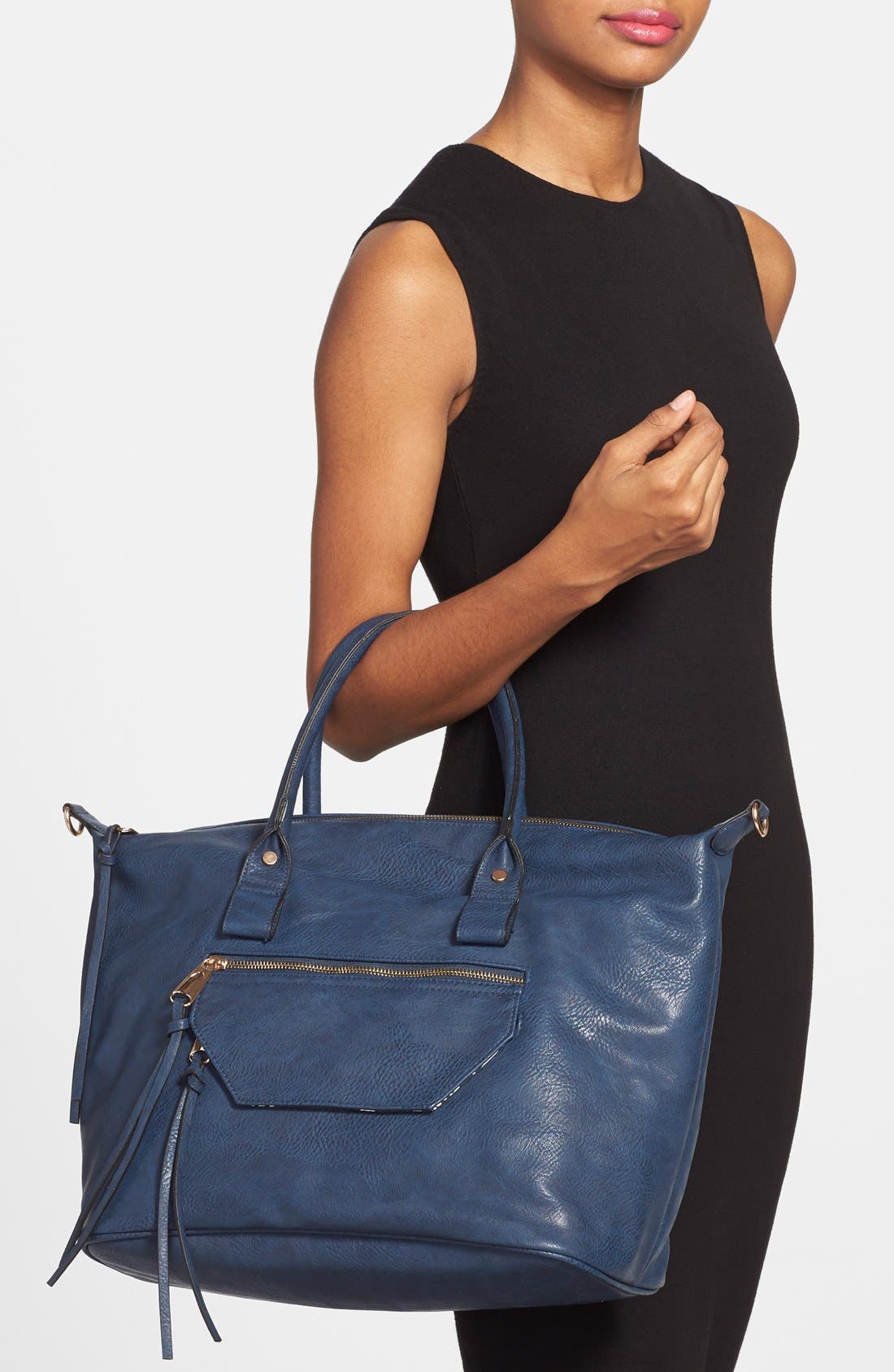 Faux Leather Satchel, Alternate, color, NAVY